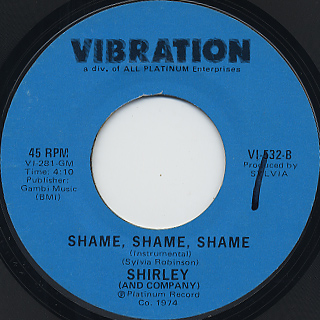 Shirley / Shame, Shame, Shame c/w (Instrumental) back