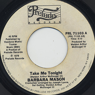 Barbara Mason / Take Me Tonight c/w I Am Your Woman, She Is Your Wife front