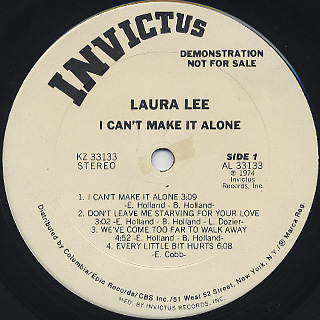 Laura Lee / I Can't Make It Alone label