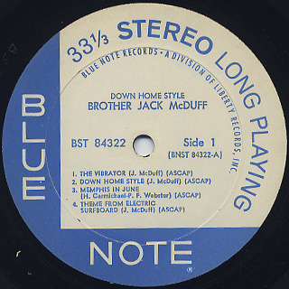 Brother Jack McDuff ‎/ Down Home Style label