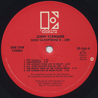 John Klemmer / Solo Saxophone II - Life label